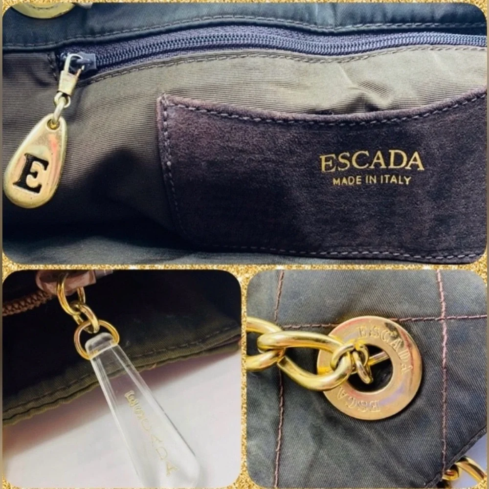 Escada Vintage Lux Quilted Nylon Tote/Shoulder Bag Olive Green and Brown - Picture 3 of 17